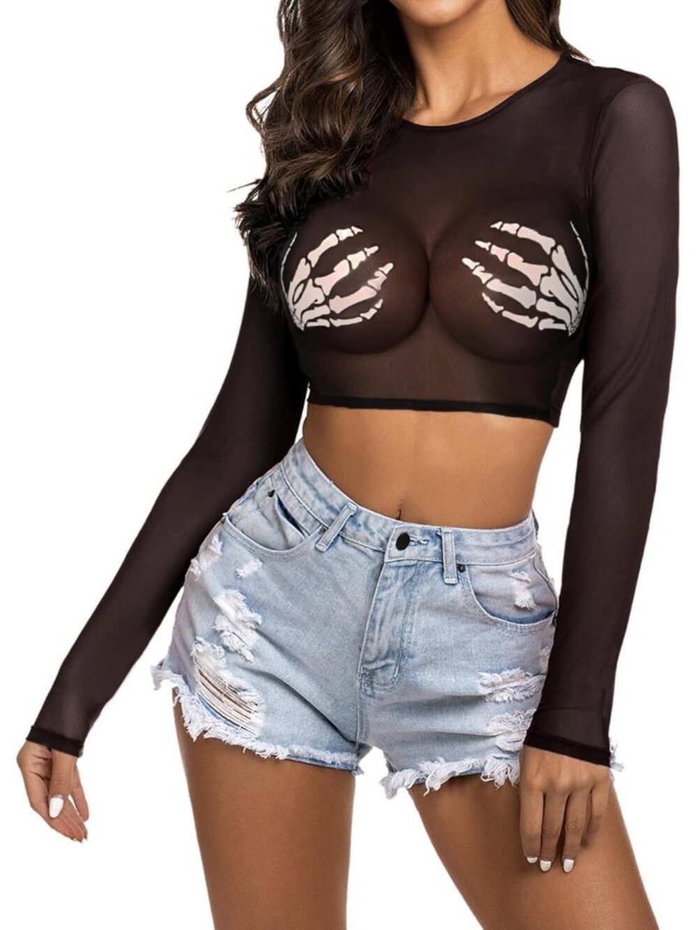 Women's Black Sexy Crop Top Mesh Long Sleeve See Through Clubwear Sheer